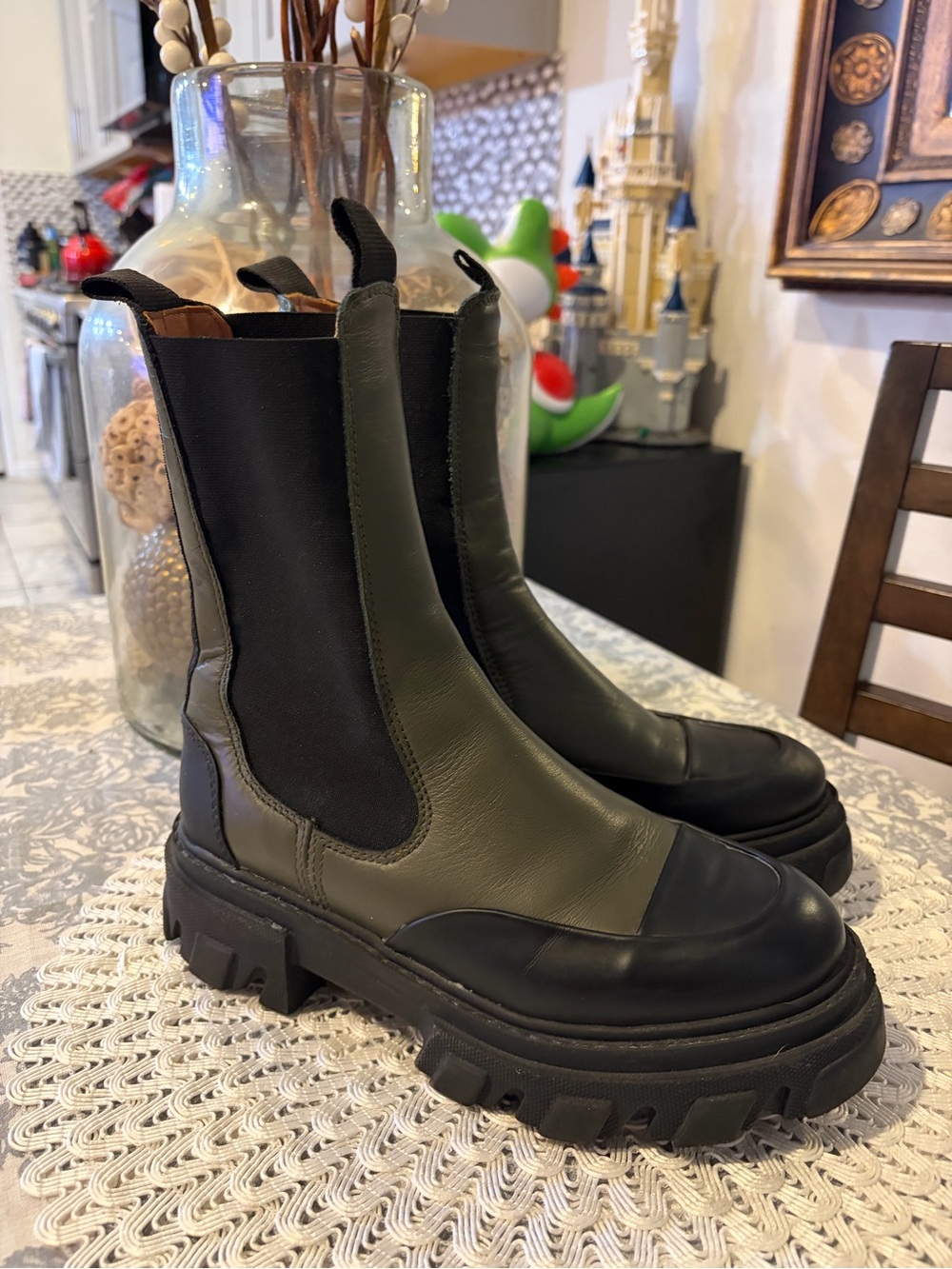 Ganni Chunky Platform Chelsea Boots in Olive Green and Black Size 6.5